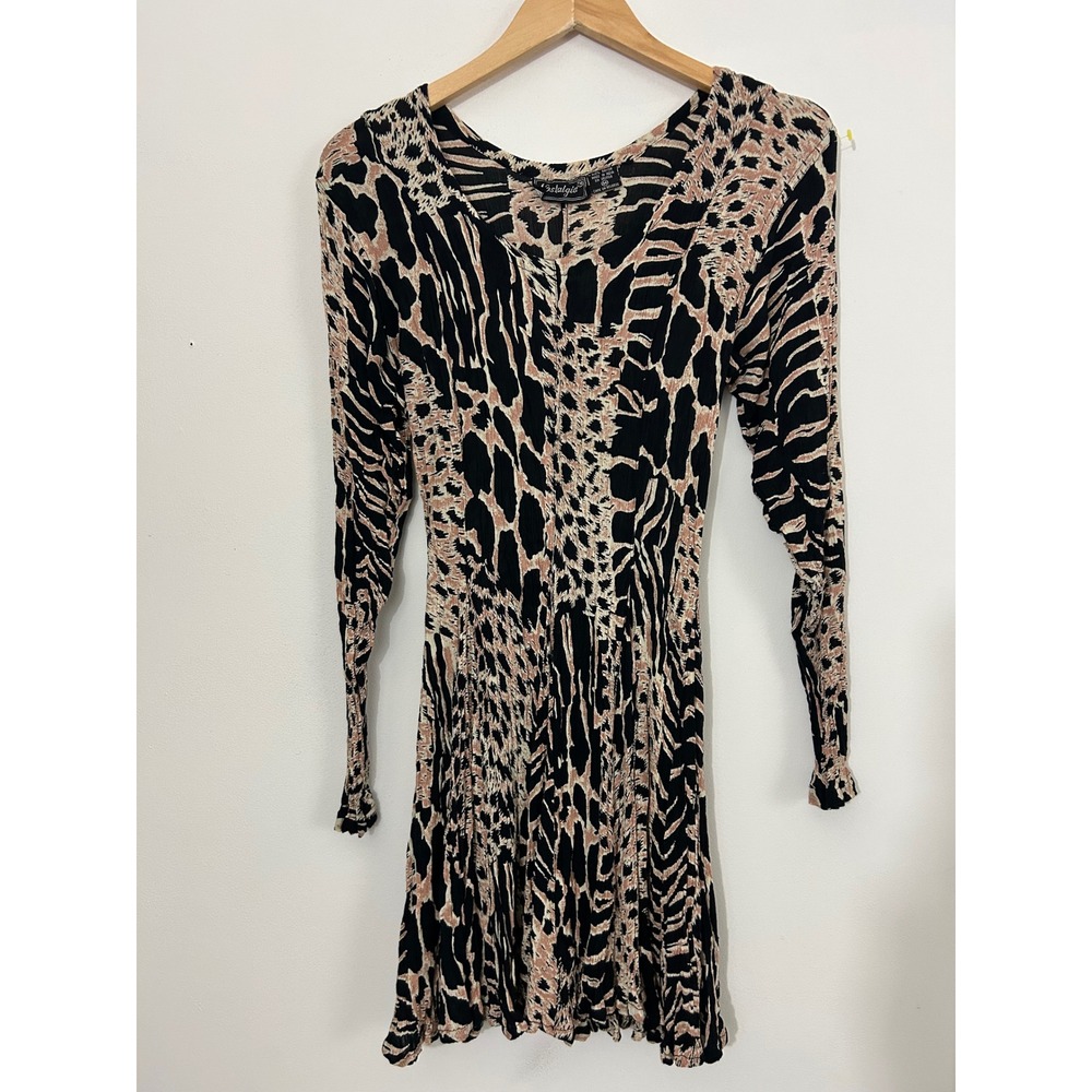 Nostalgia Womens Animal Print Long Sleeve V-Neck Boho Mini Grunge Dress M 90s
